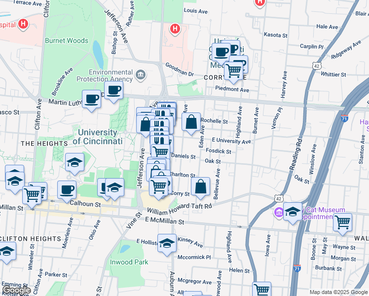 map of restaurants, bars, coffee shops, grocery stores, and more near 2810 Euclid Avenue in Cincinnati