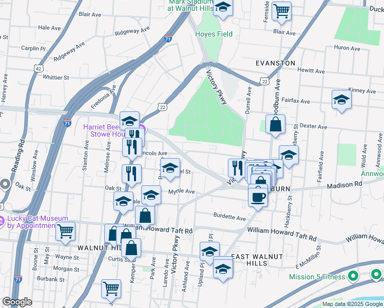 map of restaurants, bars, coffee shops, grocery stores, and more near 1219 Lincoln Avenue in Cincinnati