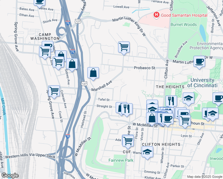 map of restaurants, bars, coffee shops, grocery stores, and more near 2753 Enslin Street in Cincinnati