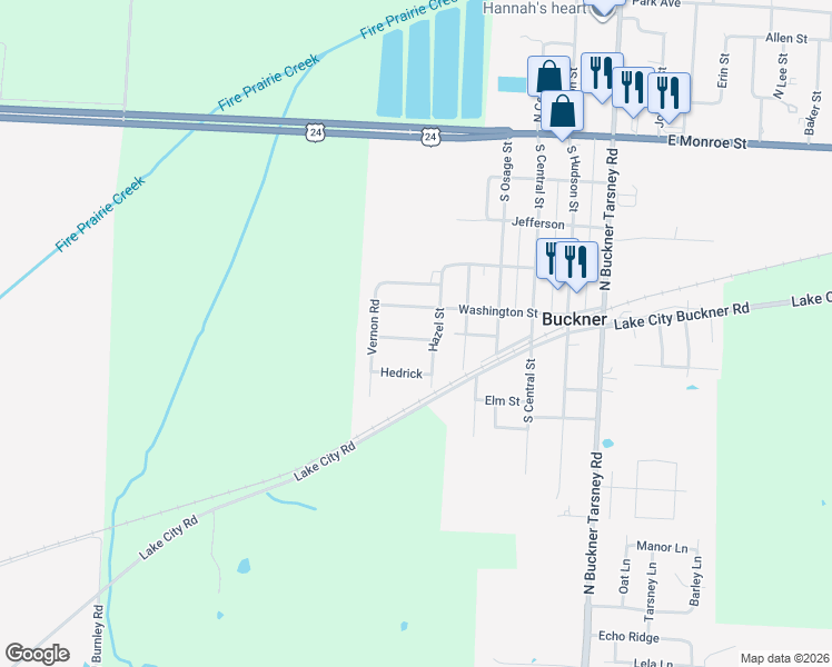 map of restaurants, bars, coffee shops, grocery stores, and more near 404 Henthorn in Buckner