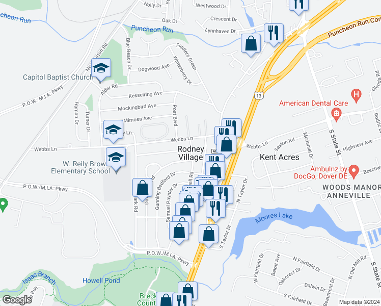 map of restaurants, bars, coffee shops, grocery stores, and more near in Rodney Village