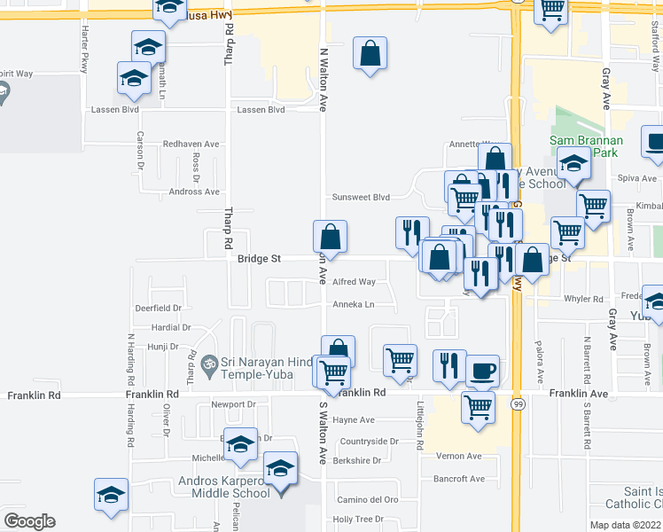 map of restaurants, bars, coffee shops, grocery stores, and more near 1590 Bridge Street in Yuba City