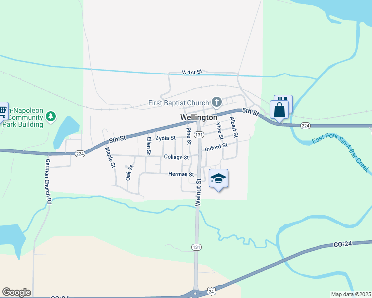 map of restaurants, bars, coffee shops, grocery stores, and more near 606 South Street in Wellington