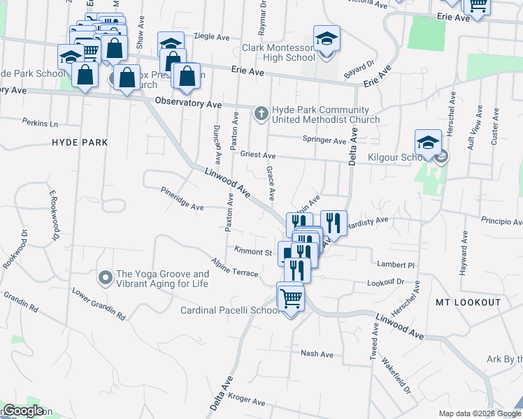 map of restaurants, bars, coffee shops, grocery stores, and more near 2997 Linwood Avenue in Cincinnati