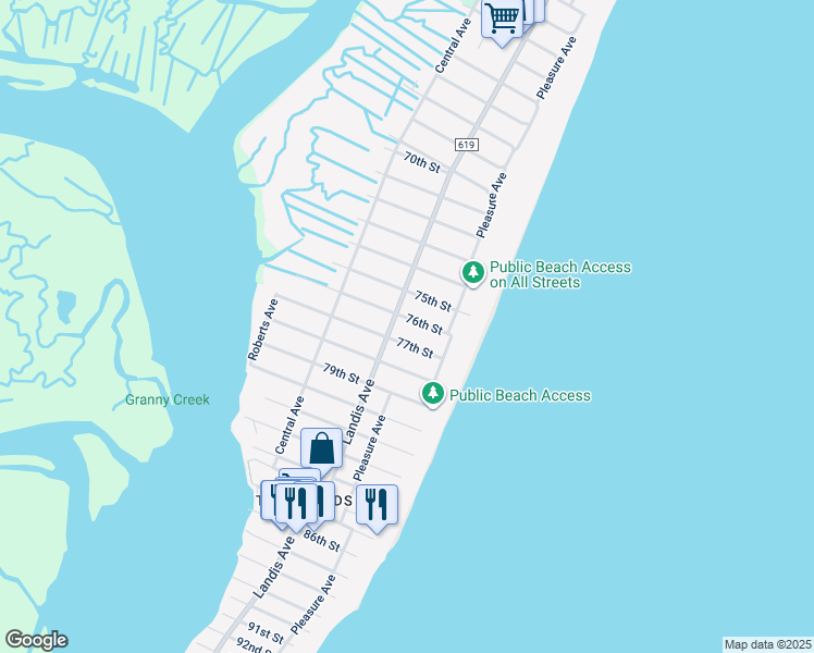 map of restaurants, bars, coffee shops, grocery stores, and more near 38 76th St in Sea Isle City