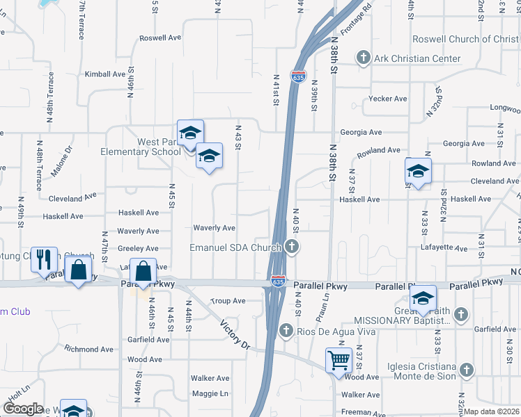 map of restaurants, bars, coffee shops, grocery stores, and more near 4208 Waverly Avenue in Kansas City