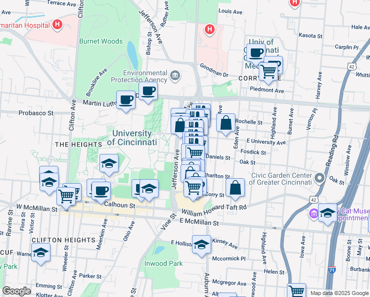 map of restaurants, bars, coffee shops, grocery stores, and more near 2809 Glendora Avenue in Cincinnati