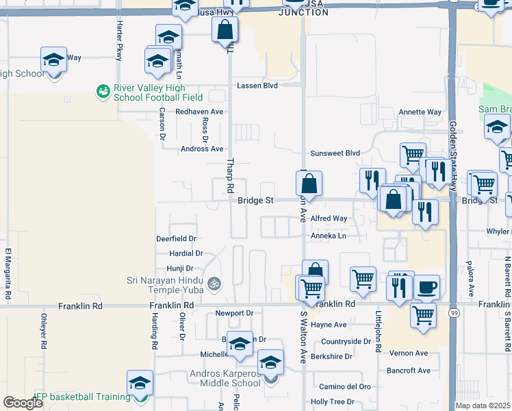 map of restaurants, bars, coffee shops, grocery stores, and more near 1710 Bridge Street in Yuba City