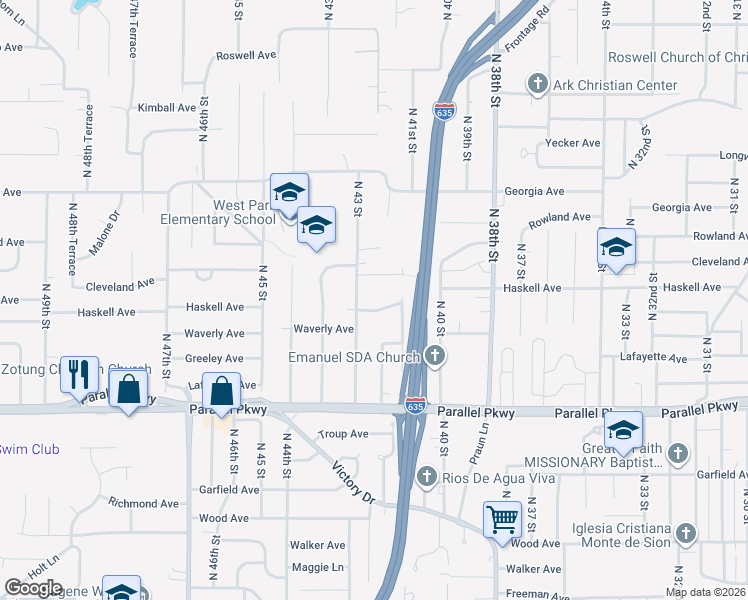 map of restaurants, bars, coffee shops, grocery stores, and more near 4208 Waverly Avenue in Kansas City