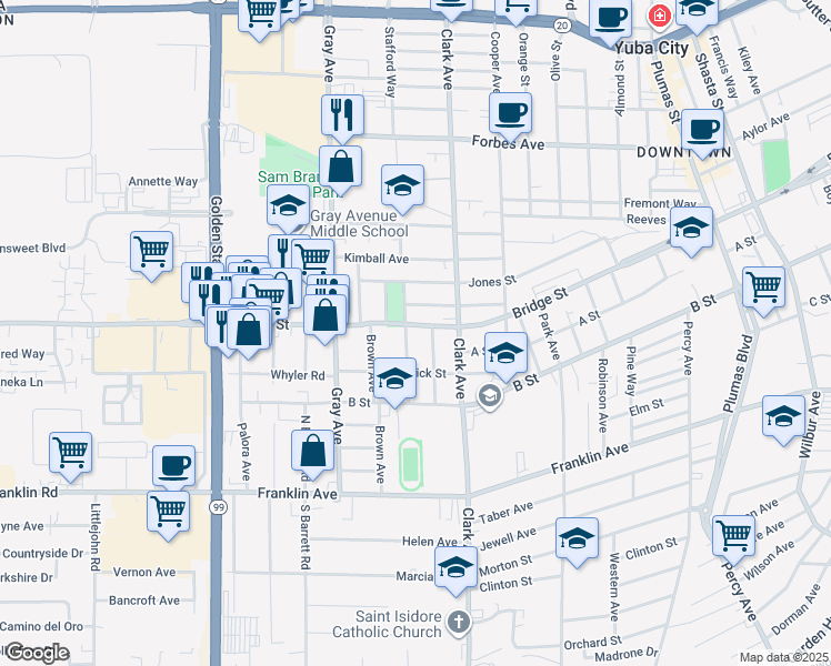 map of restaurants, bars, coffee shops, grocery stores, and more near 924 Bridge Street in Yuba City
