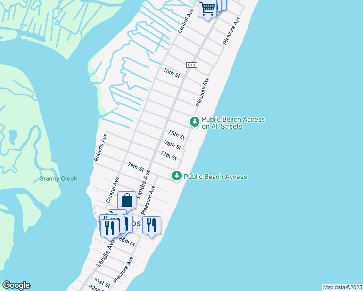 map of restaurants, bars, coffee shops, grocery stores, and more near 7512 Pleasure Avenue in Sea Isle City
