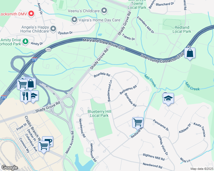 map of restaurants, bars, coffee shops, grocery stores, and more near 16800 Baederwood Ln in Rockville