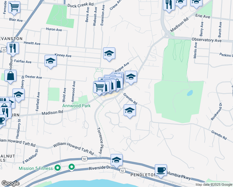 map of restaurants, bars, coffee shops, grocery stores, and more near 2025 Madison Road in Cincinnati