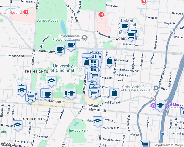 map of restaurants, bars, coffee shops, grocery stores, and more near 2832 Glendora Avenue in Cincinnati