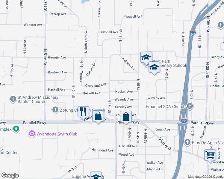 map of restaurants, bars, coffee shops, grocery stores, and more near 4710 Haskell Avenue in Kansas City