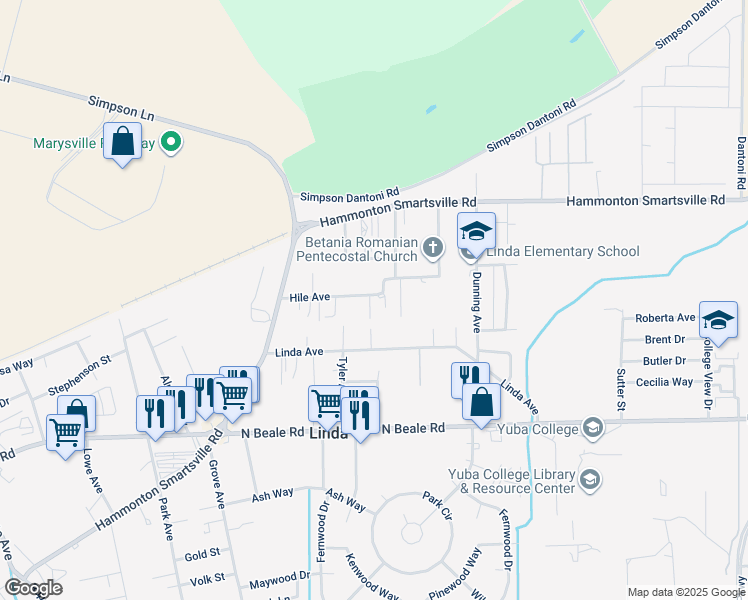 map of restaurants, bars, coffee shops, grocery stores, and more near 1846 Hile Avenue in Marysville