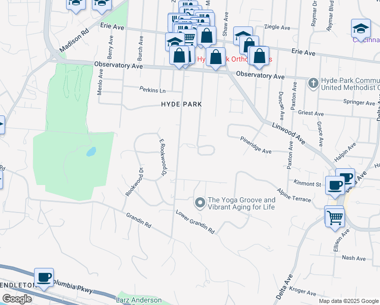 map of restaurants, bars, coffee shops, grocery stores, and more near 17 Far Hills Drive in Cincinnati