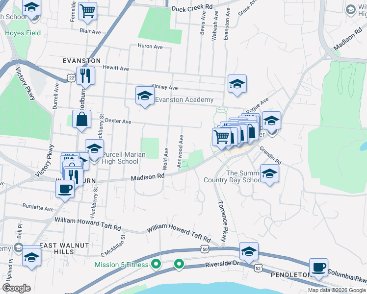 map of restaurants, bars, coffee shops, grocery stores, and more near 1920 Gregory Lane in Cincinnati
