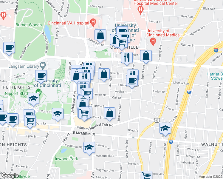 map of restaurants, bars, coffee shops, grocery stores, and more near 210 Fosdick Street in Cincinnati