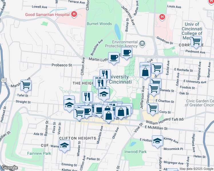 map of restaurants, bars, coffee shops, grocery stores, and more near 2700 Bearcat Way in Cincinnati