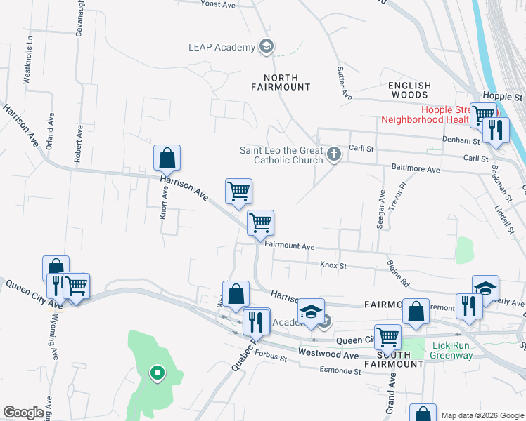 map of restaurants, bars, coffee shops, grocery stores, and more near 1942 Fairmount Avenue in Cincinnati