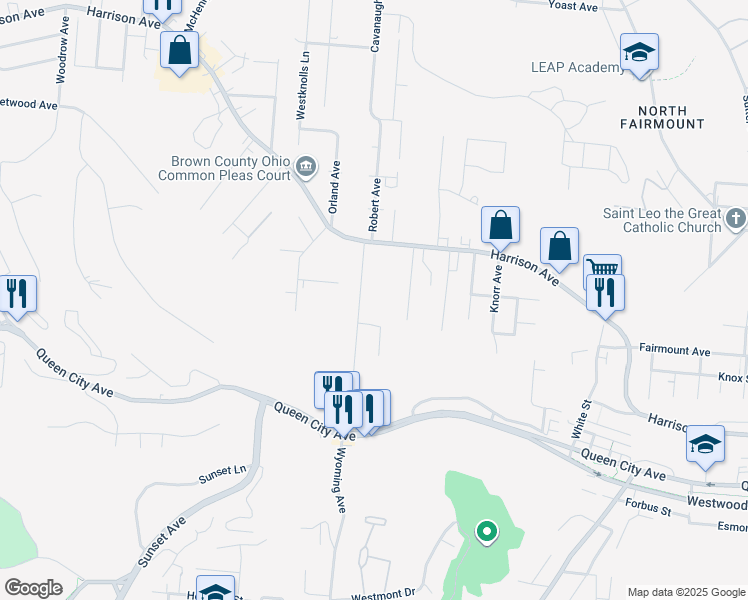 map of restaurants, bars, coffee shops, grocery stores, and more near 2518 Homestead Place in Cincinnati