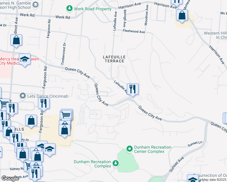 map of restaurants, bars, coffee shops, grocery stores, and more near 2724 Queen City Avenue in Cincinnati