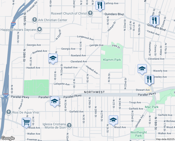 map of restaurants, bars, coffee shops, grocery stores, and more near 2900 Waverly Avenue in Kansas City