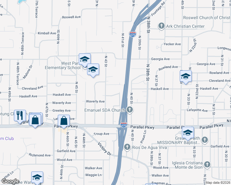 map of restaurants, bars, coffee shops, grocery stores, and more near 4208 Waverly Avenue in Kansas City
