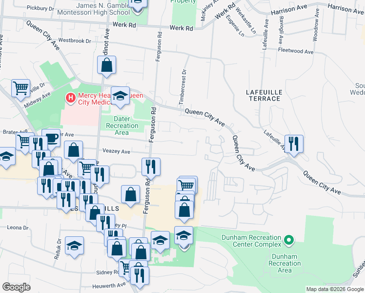 map of restaurants, bars, coffee shops, grocery stores, and more near 2493 Dunaway Court in Cincinnati