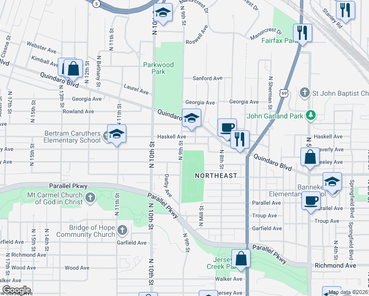 map of restaurants, bars, coffee shops, grocery stores, and more near 2203 North 9th Street in Kansas City