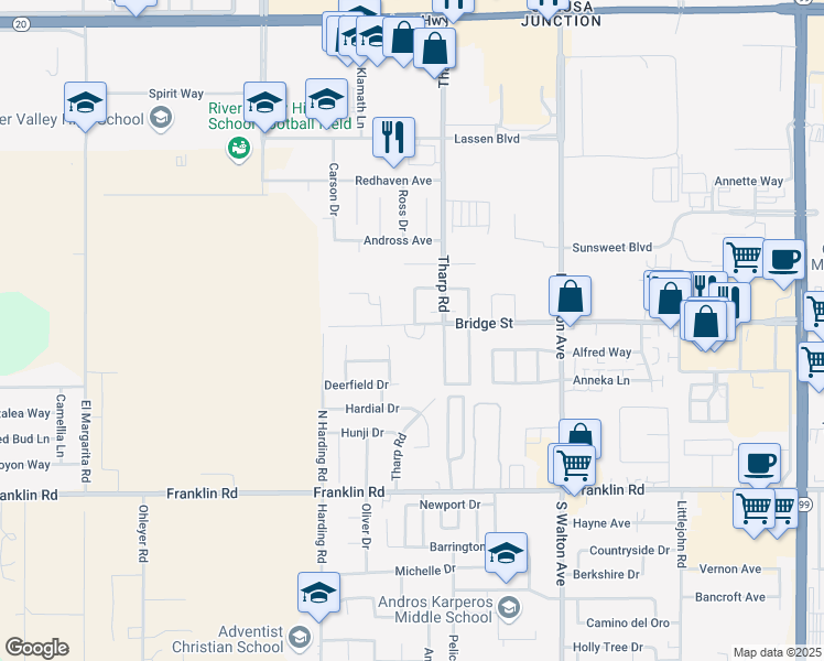 map of restaurants, bars, coffee shops, grocery stores, and more near 1838 Bridge Street in Yuba City