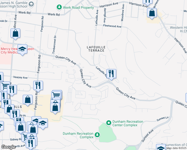 map of restaurants, bars, coffee shops, grocery stores, and more near 2724 Queen City Avenue in Cincinnati