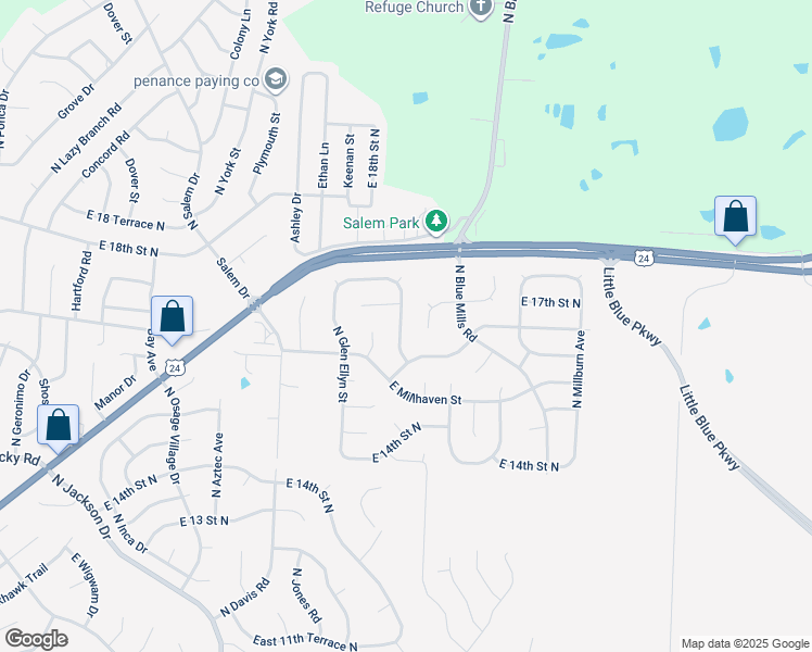 map of restaurants, bars, coffee shops, grocery stores, and more near 1625 North Belvidere Avenue in Independence