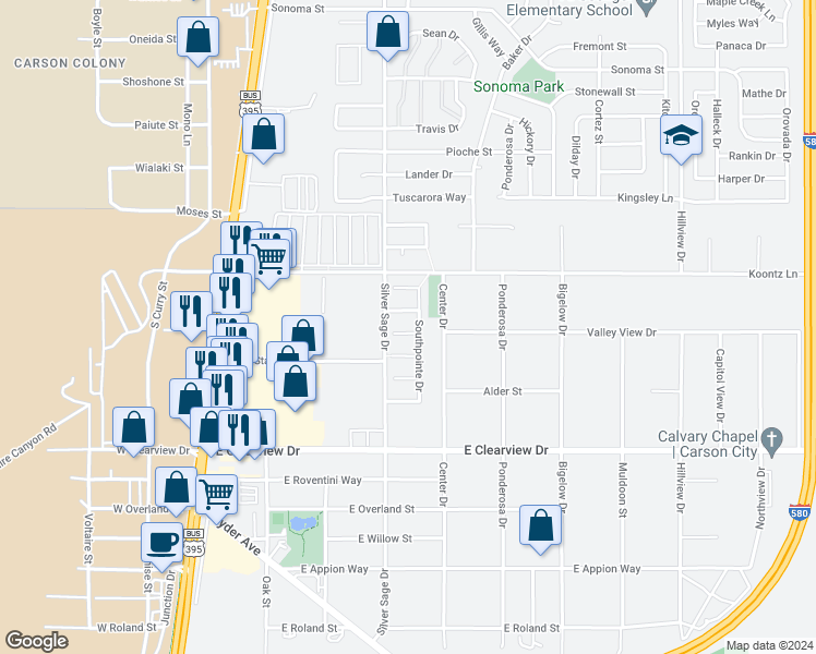 map of restaurants, bars, coffee shops, grocery stores, and more near 576 Meridian Court in Carson City