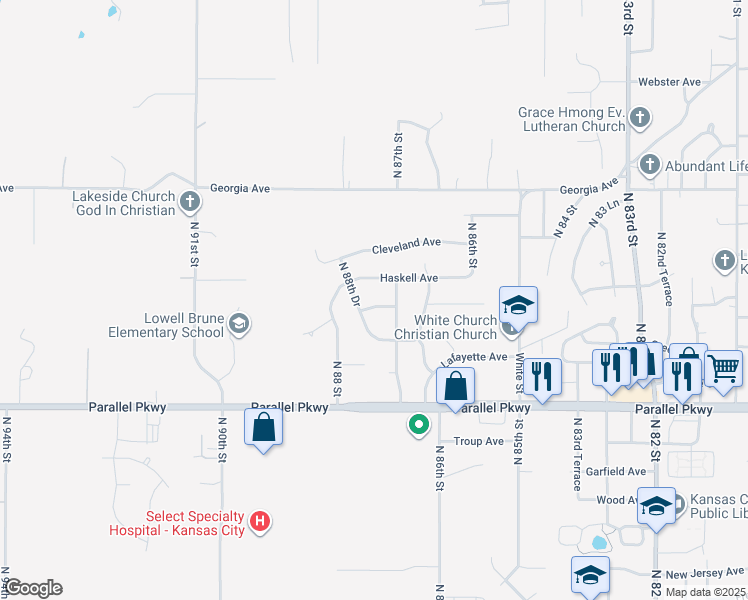 map of restaurants, bars, coffee shops, grocery stores, and more near 8720 Waverly Avenue in Kansas City