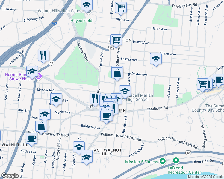 map of restaurants, bars, coffee shops, grocery stores, and more near 3011 Woodburn Avenue in Cincinnati