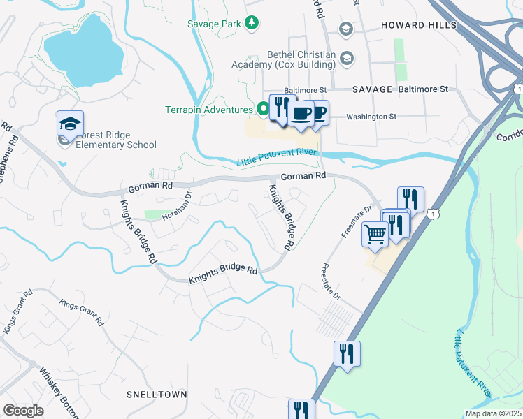 map of restaurants, bars, coffee shops, grocery stores, and more near 9030 Stebbing Way in Laurel