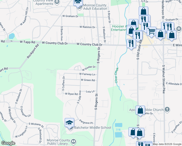 map of restaurants, bars, coffee shops, grocery stores, and more near 530 West Fairway Lane in Bloomington