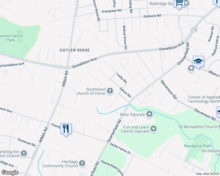 map of restaurants, bars, coffee shops, grocery stores, and more near 810 Meadow Road in Severn