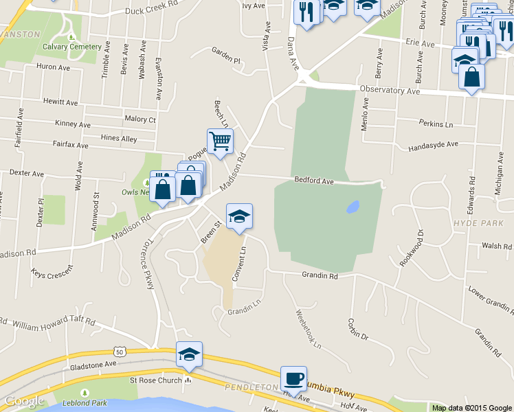 map of restaurants, bars, coffee shops, grocery stores, and more near 2180 Grandin Road in Cincinnati