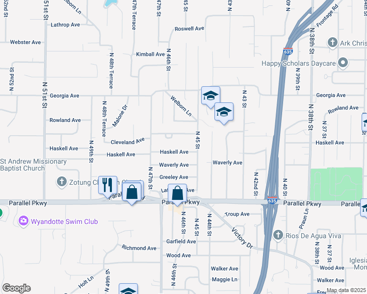 map of restaurants, bars, coffee shops, grocery stores, and more near 4524 Haskell Avenue in Kansas City