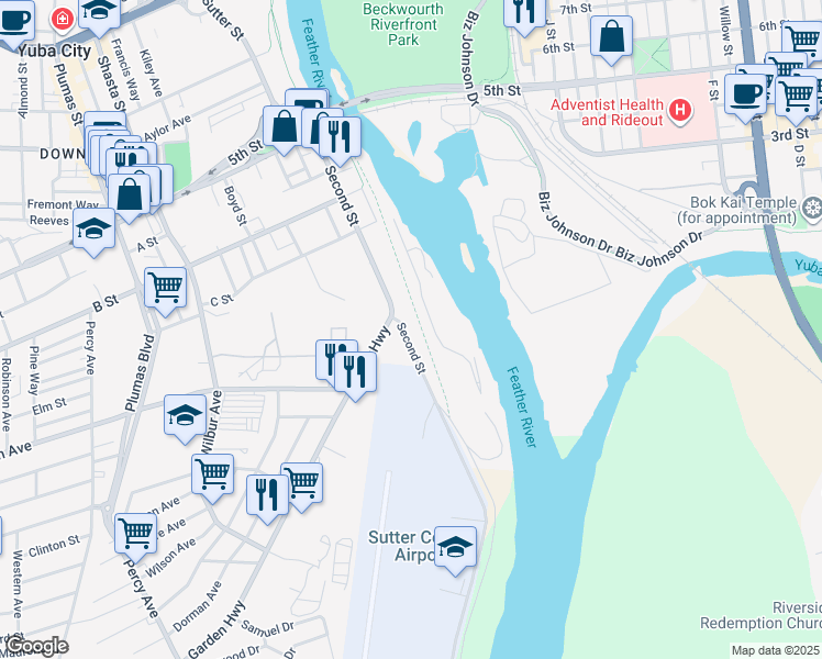 map of restaurants, bars, coffee shops, grocery stores, and more near 271 Second Street in Yuba City