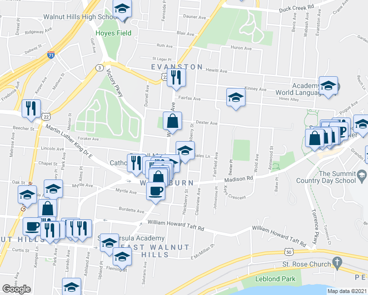 map of restaurants, bars, coffee shops, grocery stores, and more near 1622 De Sales Lane in Cincinnati