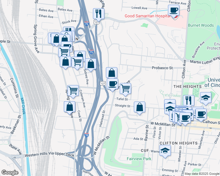 map of restaurants, bars, coffee shops, grocery stores, and more near in Cincinnati