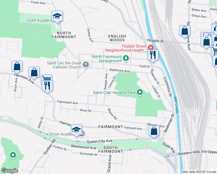 map of restaurants, bars, coffee shops, grocery stores, and more near 2545 Trevor Place in Cincinnati