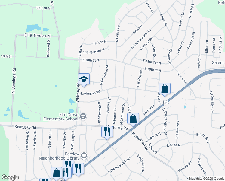 map of restaurants, bars, coffee shops, grocery stores, and more near 18408 Shoshone Drive in Independence