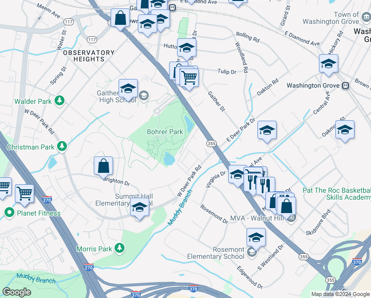 map of restaurants, bars, coffee shops, grocery stores, and more near Fairbanks Drive in Gaithersburg