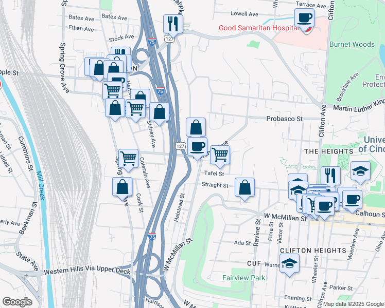 map of restaurants, bars, coffee shops, grocery stores, and more near in Cincinnati
