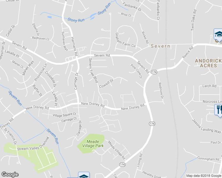 map of restaurants, bars, coffee shops, grocery stores, and more near 7906 Rosebud Court in Severn